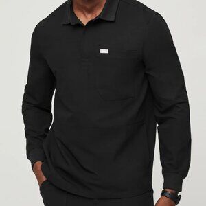 Figs BLACK Long sleeve Polo scrub shirt, Mens SMALL